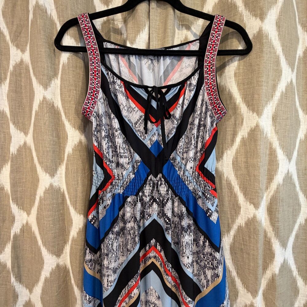NY Collection PL Petite Large Maxi Dress Blue Geometric Sleeveless Stretch